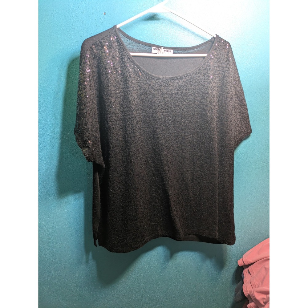 Cathy Daniels Black Sequin Front Blouse Short Sleeve Scoop Neck Top Plus Size 2X